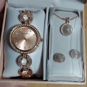 Ellen Tracy Rose Gold-Faceted-Beveled Pave'/Crystal Watch, Earrings & Neckl…